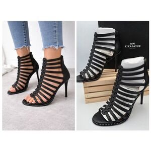Coach Kia Semi Matte Calf Sandals Women 7 Black Cage Stiletto Heel Q8927 A00818